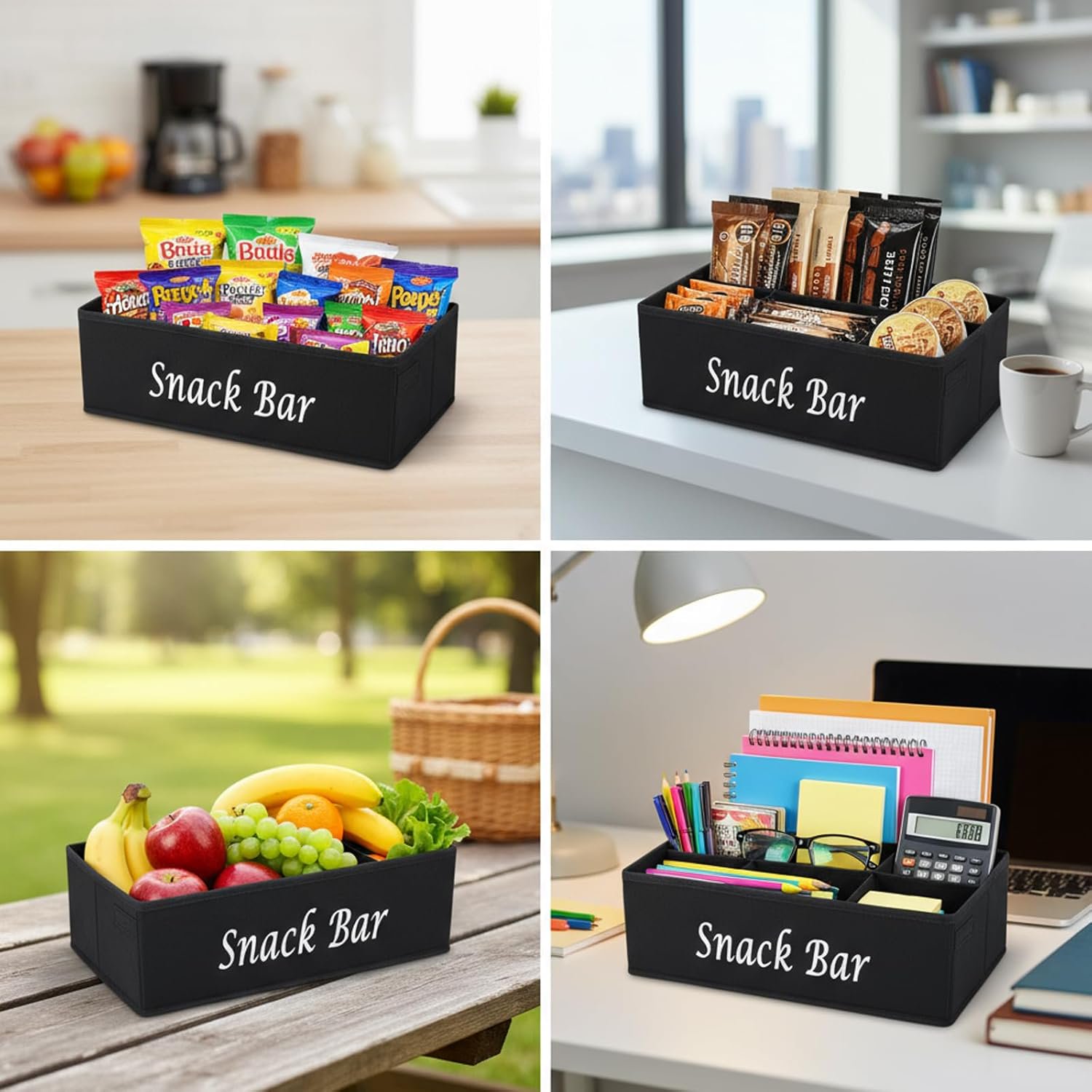 Snack Organizer for Countertop, Fabric Snack Organizer with Handles, 6 Compartment Snack Container Candy Storage, Foldable Snack Basket Tray
