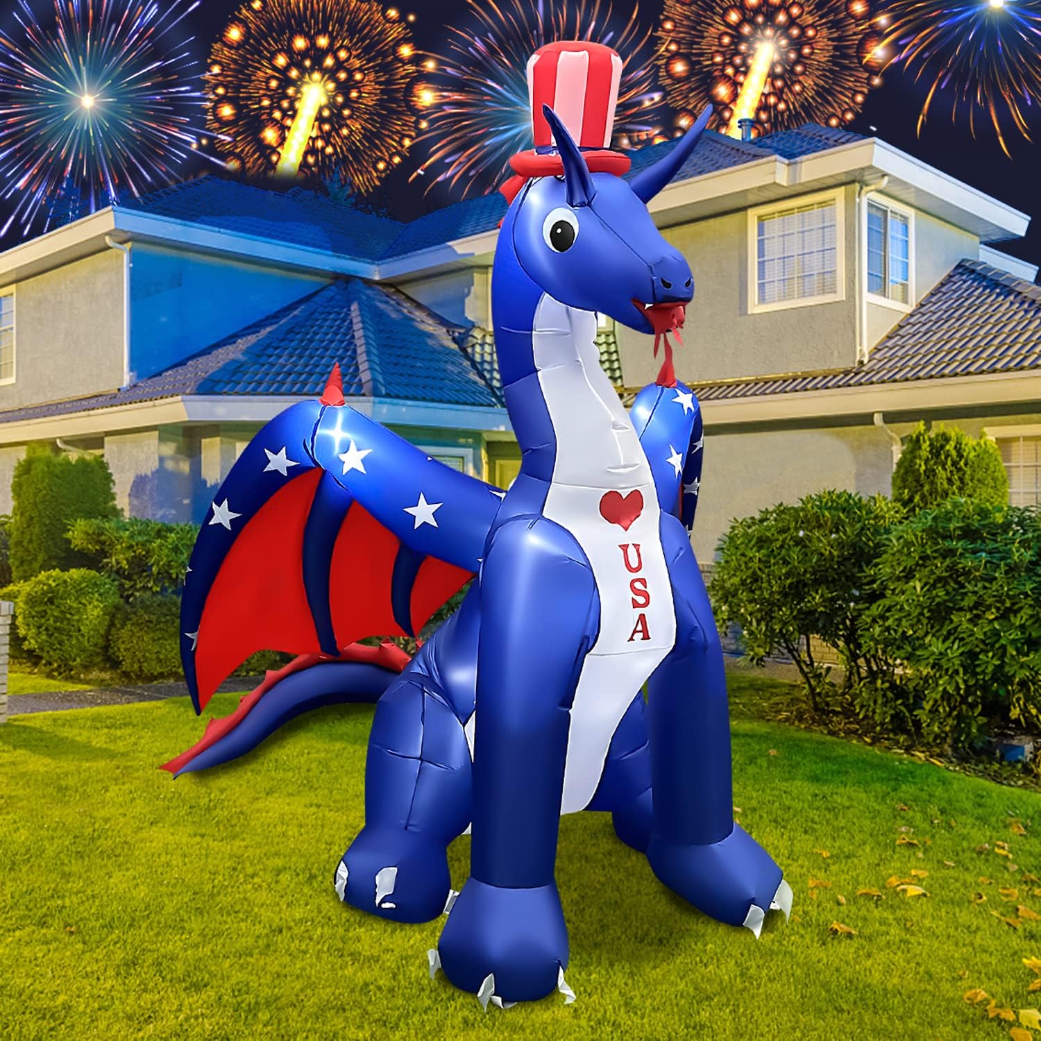 BLOWOUT FUN 8 FT Independence Day Inflatable Dragon with America Style Decorations Patriotic 4th of July for Home Yard Lawn Garden Indoor Outdoor