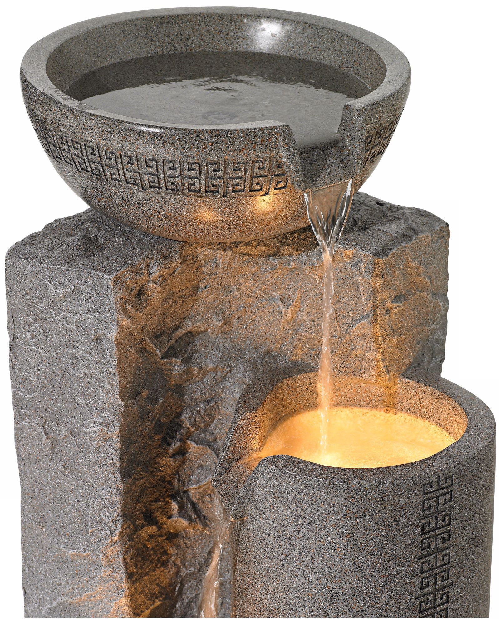 John Timberland Bowl and Pillar Modern Zen Cascading Outdoor Floor Water Fountain with LED Light 34 1/2" for Yard Garden Patio Home Deck Porch House