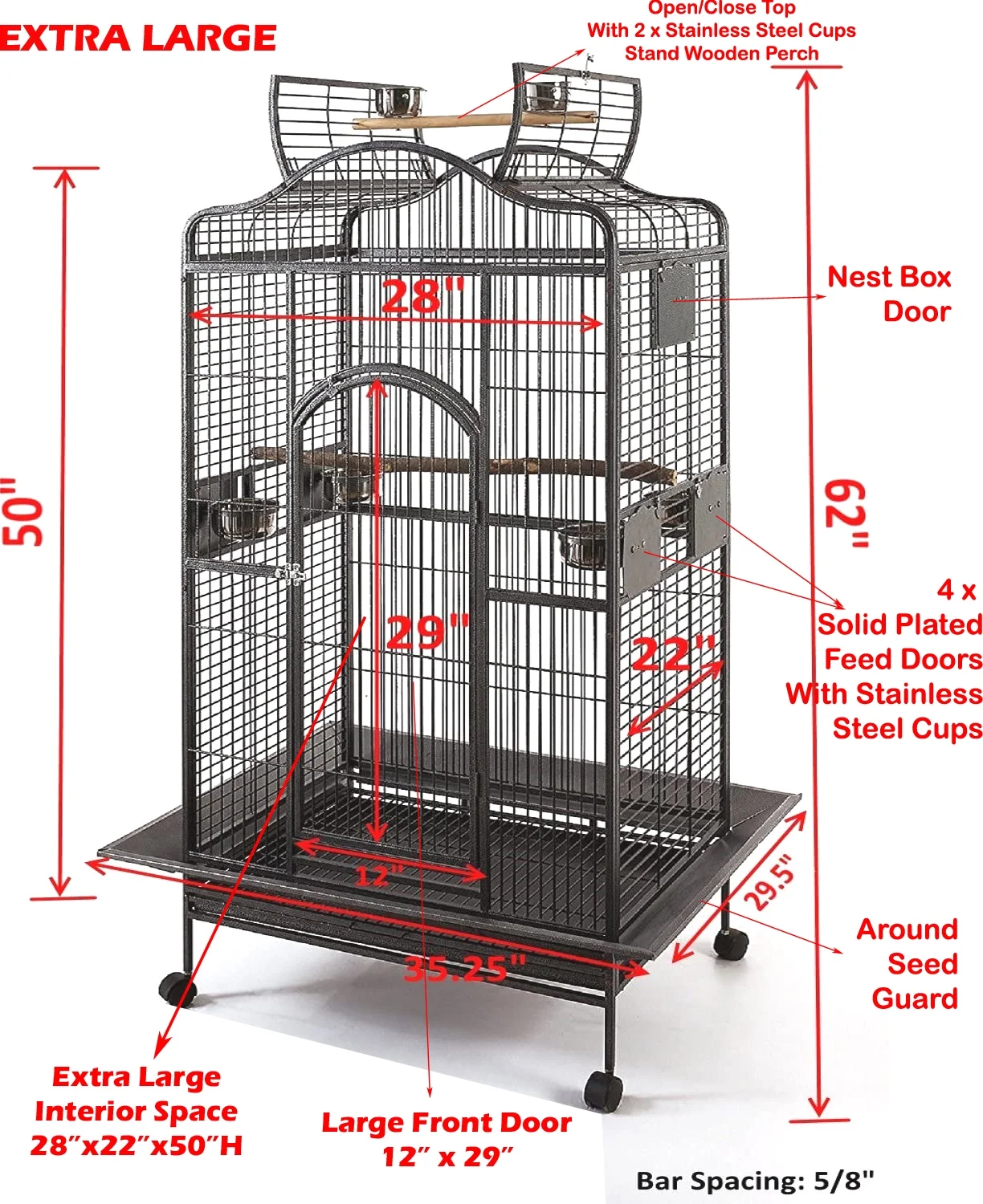 Extra Large 28" x 22" x 59"H Elegant and Durable Wrought Iron Open Play Top Stand Perch for Macaw Cockatoo Cockatiels African Grey Amazon Parrot