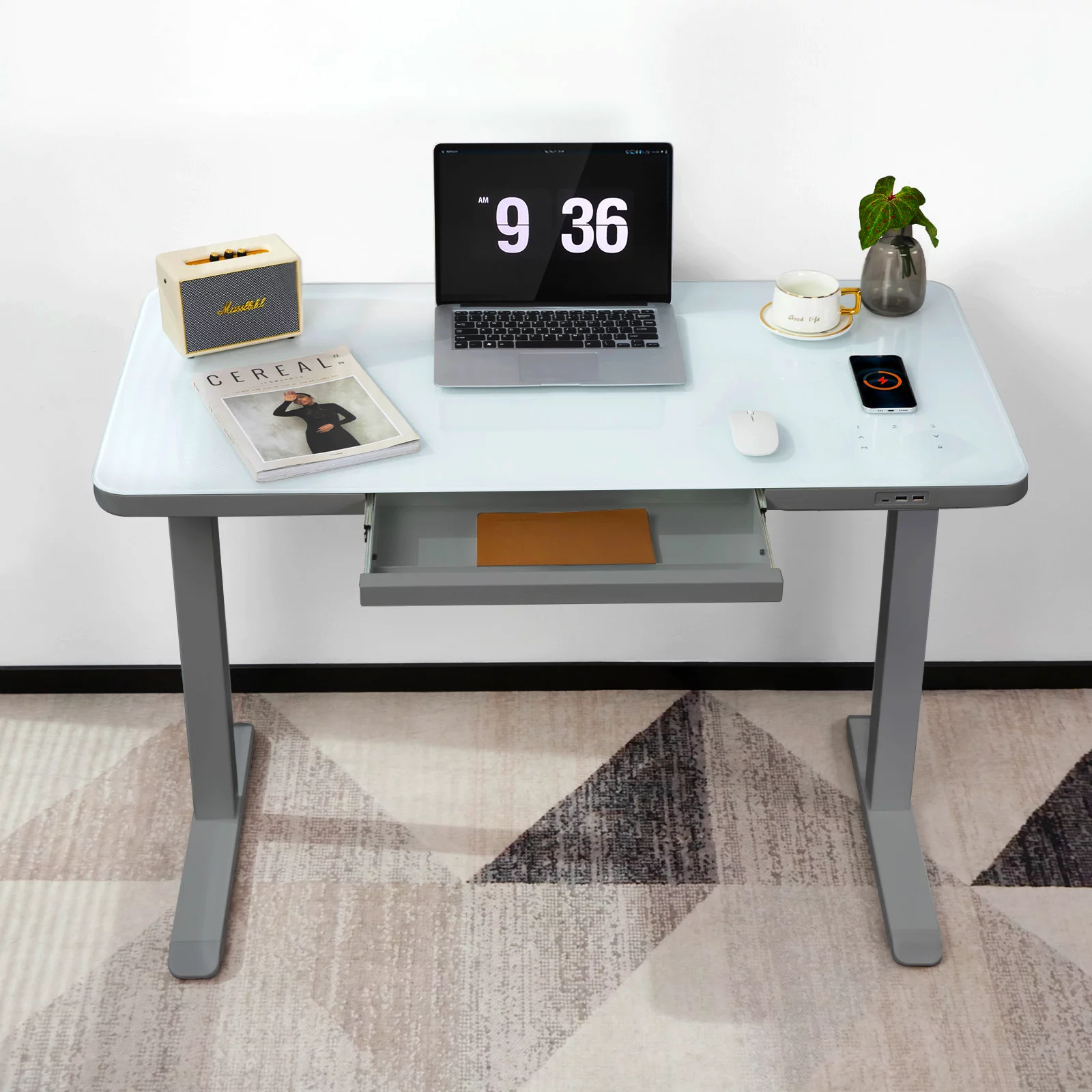ADOFFUR 45" x 23" Dual Motor Height Adjustable Desk with Drawer,Tempered Glass Top,Wireless Charging and 3 USB Ports for Home Office - Gray