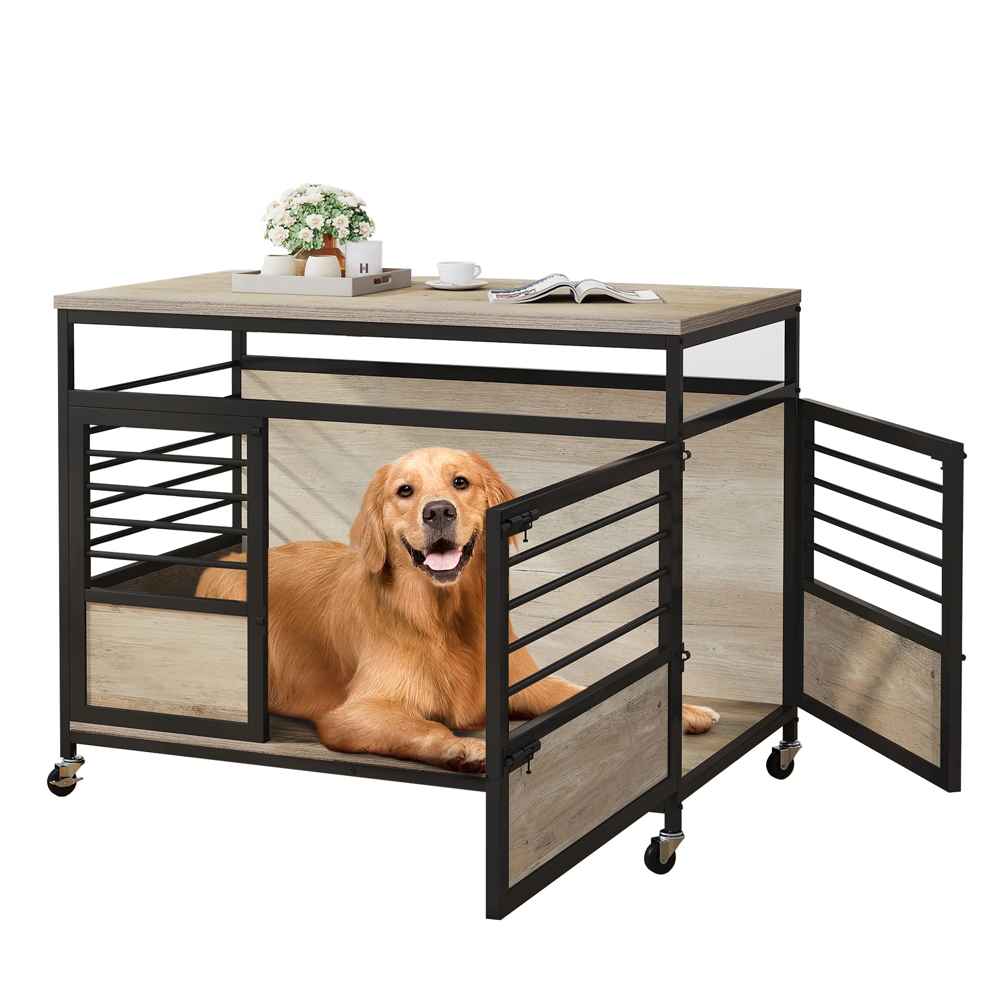 Dextrus Dog Crate Furniture with Wheels, 39.4 inch large Wooden Indoor Dog Kennel with Divider Room, End Table