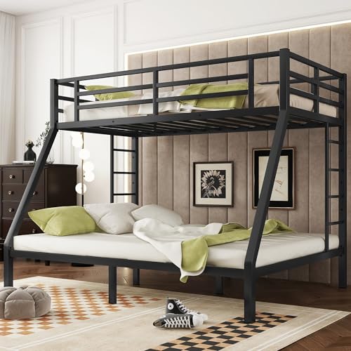 Heavy Duty Bunk Bed Frame with Ladder, Twin XL Over Twin XL Bunk Beds with Safety Guardrails, Adults Bunk Beds with Noise-Reducing Rubber Stoppers