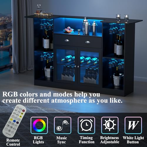 Loomie Bar Table Cabinet with LED & Drawer, Mini Liquor Bar with 8-Tier Storage & Stemware Holder