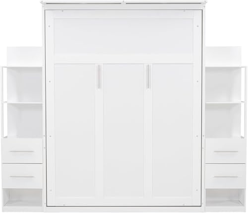 MERITLINE Queen Murphy Bed with Storage Drawers,LED Lights and Shelves,Wood Murphy Wall Bed Cabinet for Adults (Grey)