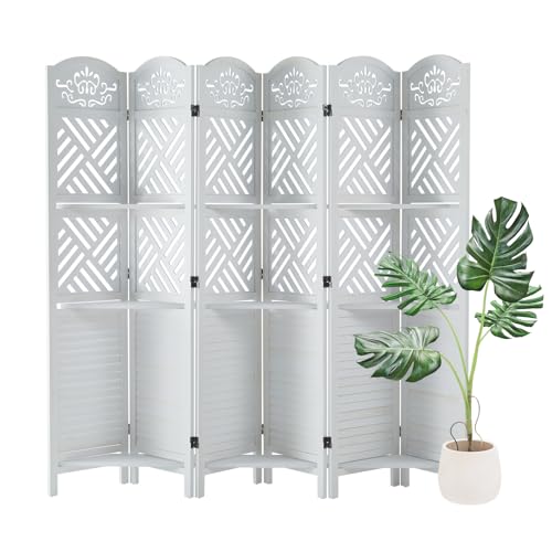 Room Divider with Shelves, 5.75ft Tall Folding Wood Carved Screen with Double Hinges for Home Office Bedroom Hotel Decoration (6 Panels, Natural)