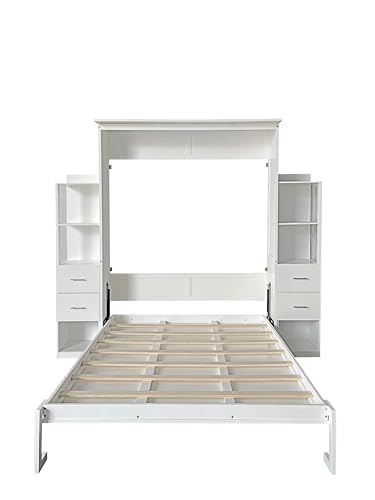 Queen Size Murphy Bed with Desk & Charging Station,Wall Bed Frame Folding into Cabinet Design w/LED & Storage Shelf for Small Space,Bedroom