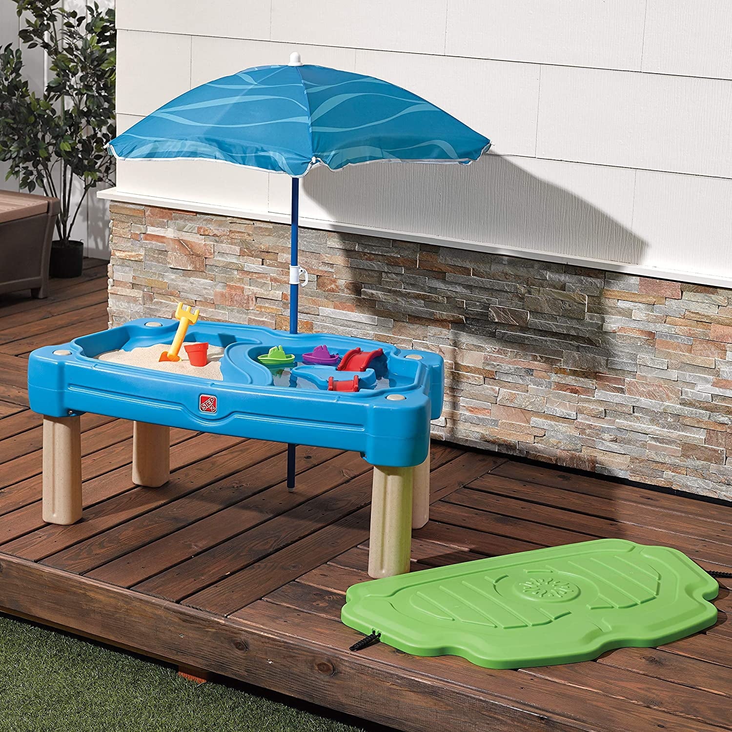 Step2 Cascading Cove Blue Plastic Sandbox and Water Table for Toddlers with Cover and Umbrella