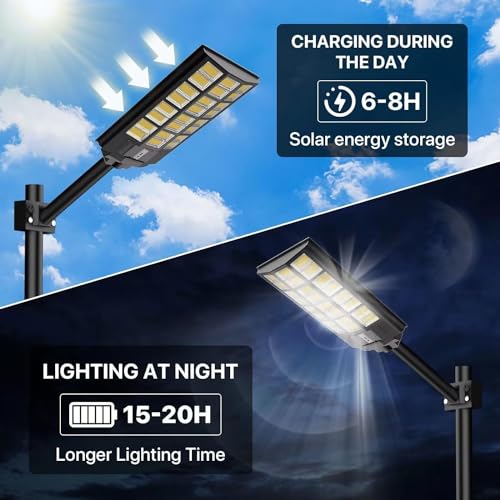1000W Solar Street Lights Outdoor Waterproof,Solar Parking Lot Lights,6500k Led Solar Lights pole,Motion Sensor,Remote Control, Dusk to Dawn