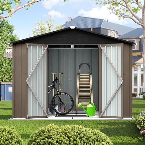 8x6 FT Outdoor Storage Shed, Metal Tool Shed with Lockable Doors, Peaked Roof & Frame Floor