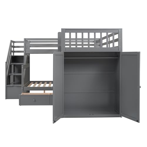 L-Shape Triple Bunk Beds with Stairs and Desk, Wood Twin-Over-Full Bunk Bed with Storage Wardrobe, Shelves and Drawers
