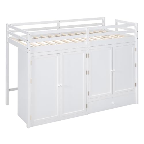Harper & Bright Designs Twin Size Loft Bed with L-Shaped Desk and Stairs, Solid Wood Loft Bed Frame with Storage Drawers and Bookcase