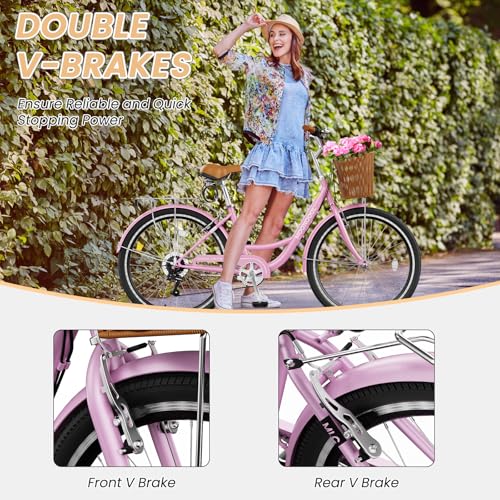 MOONCOOL Womens Bike 7 Speed, 24 26 inch Beach Cruiser Bikes for Women, Step Through Adult Bicycle with Front Basket for City Commuting