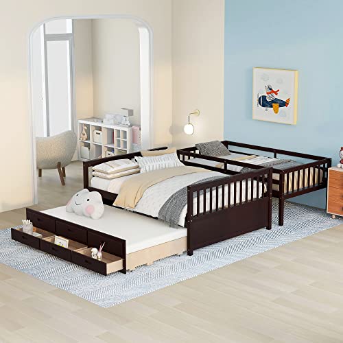 Harper & Bright Designs Twin Over Twin Bunk Bed with Storage Drawers, Solid Wood Bunk Bed Frame with Trundle, for Kids, Teens, Adults (Espresso)