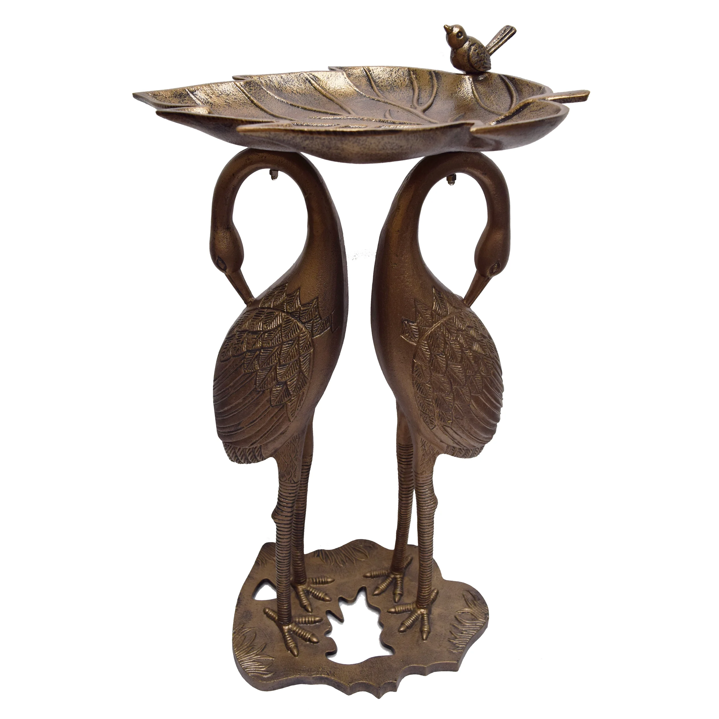 Cast Aluminum 30-in Twin Crane Bird Bath with Leaf Bowl