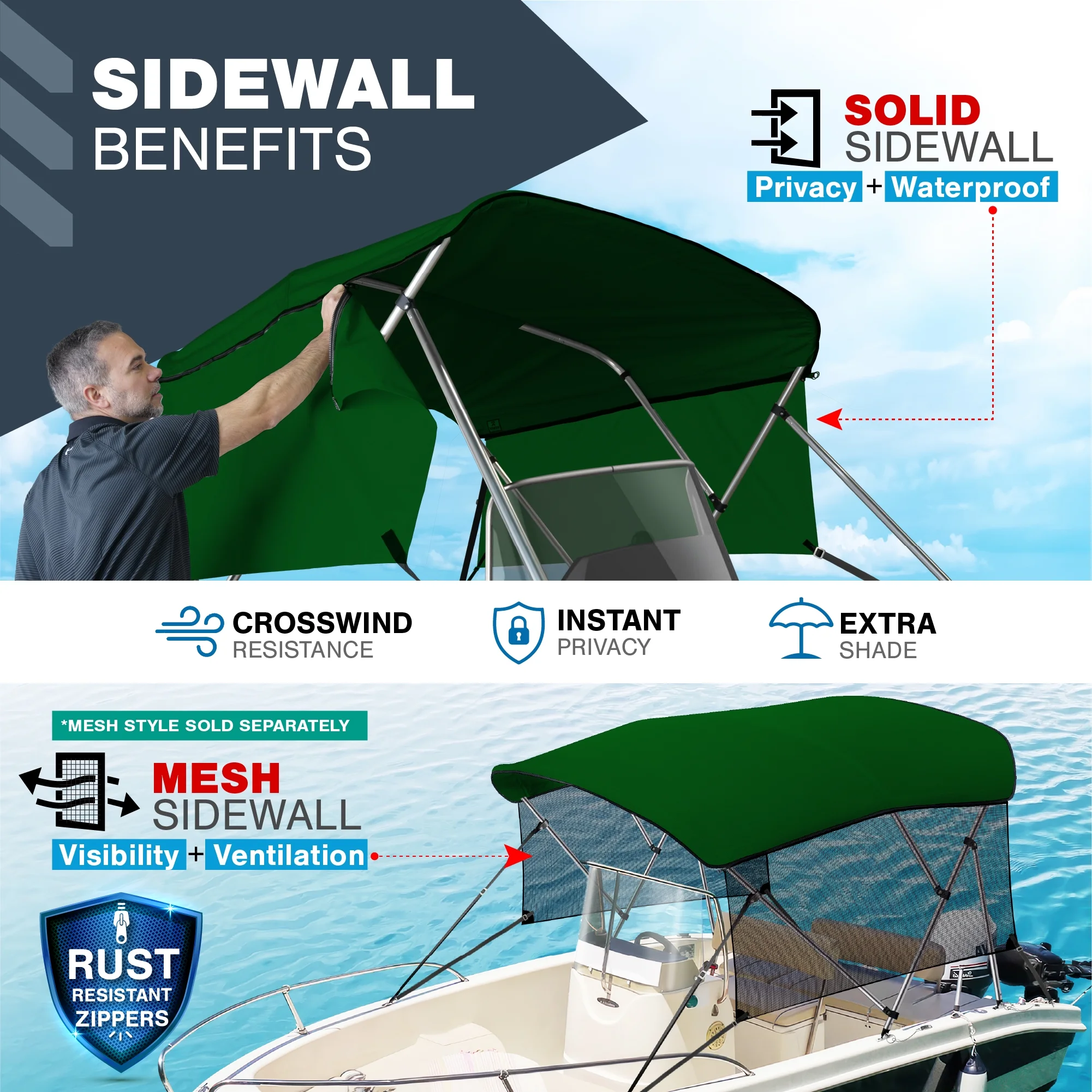 KNOX Universal 3-Bow Bimini Tops for Boats Cover Side Walls, Support Poles, Fade-Proof 900D Marine Canvas, Storage Boot, Sun Shade Canopy For Pontoon