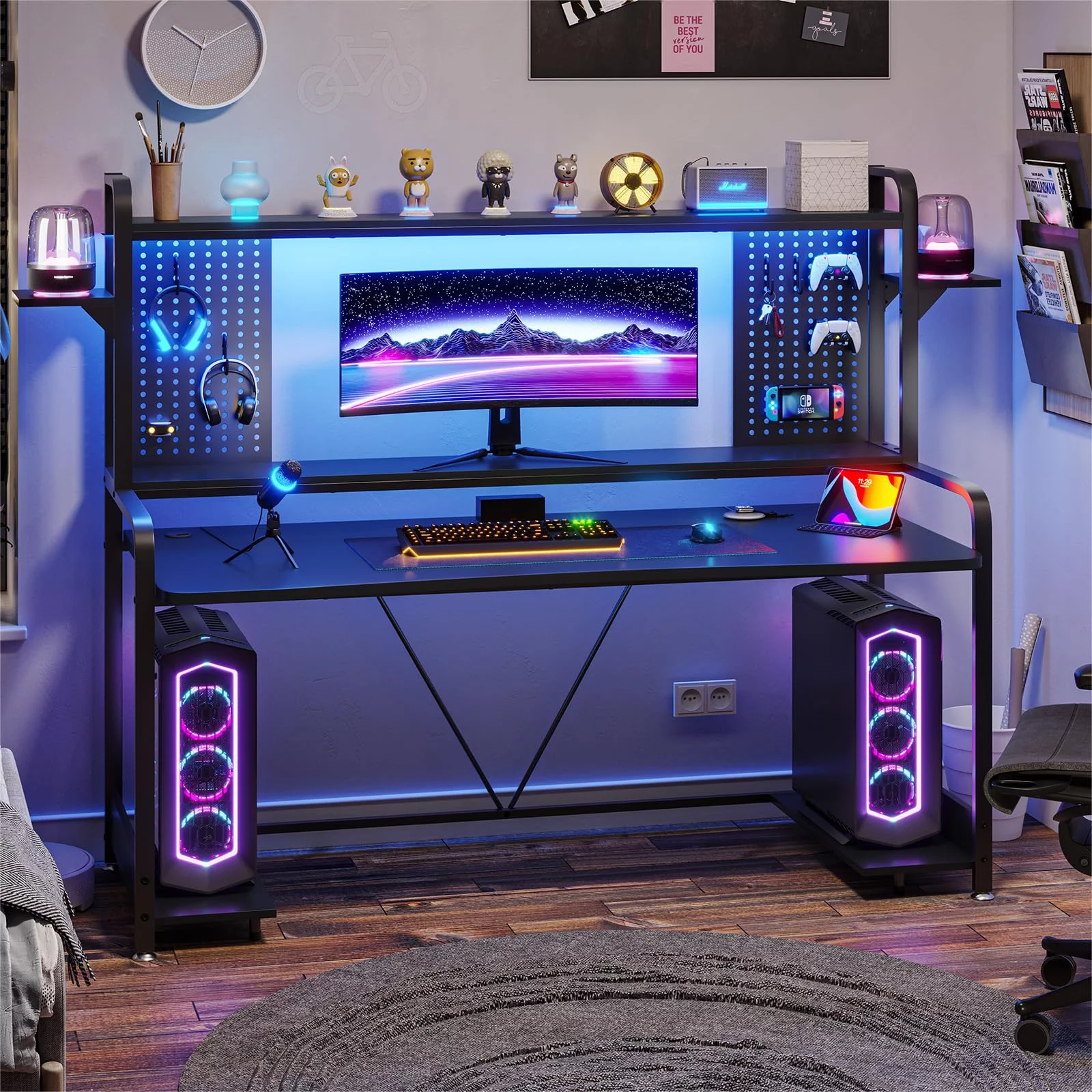 Black Gaming Desk, 55" Computer Desk with LED Lights, Hutch and Shelves, Large PC Gamer Desk Workstation for Home Office