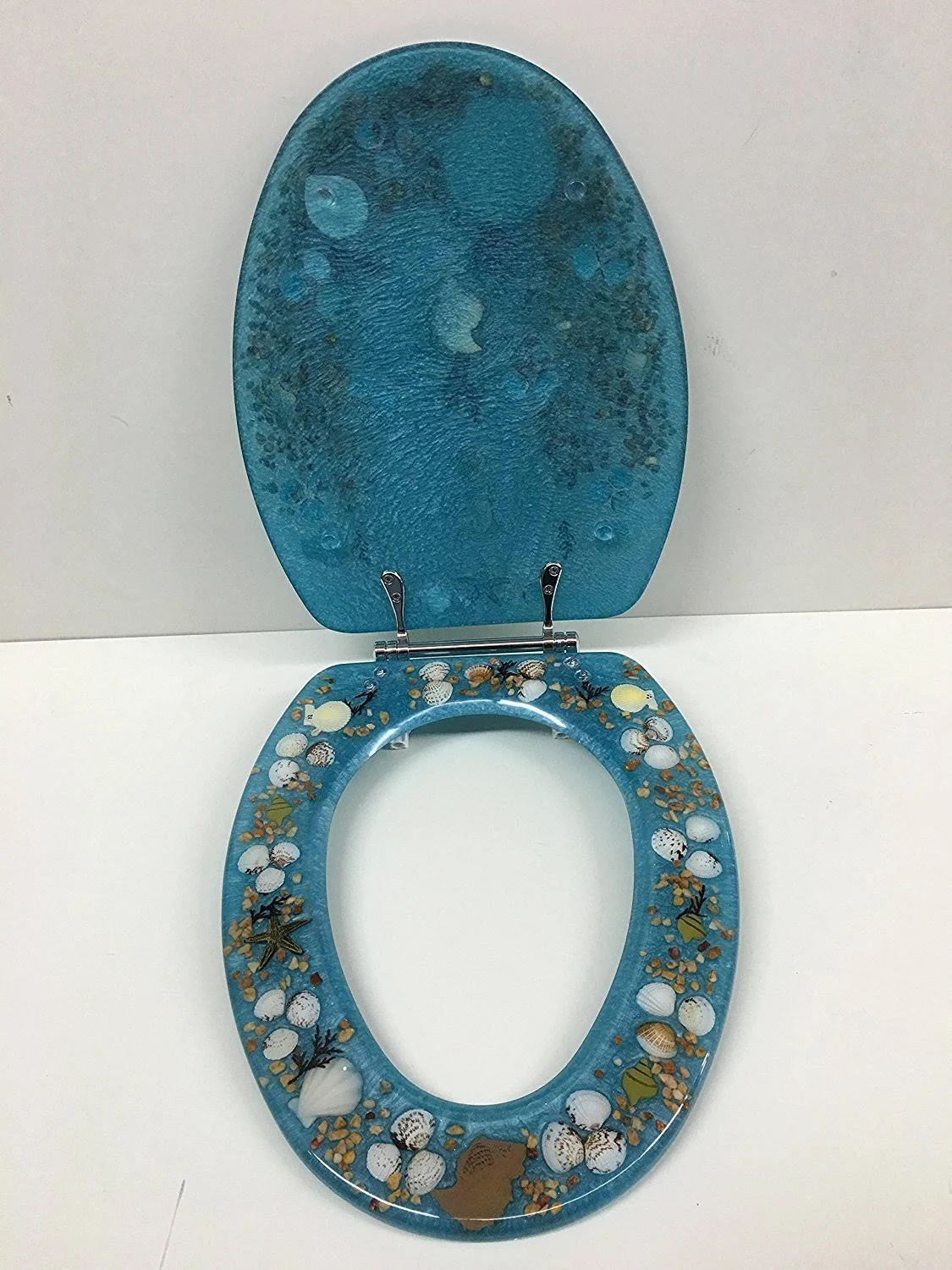 Elongated Blue Seashell and Seahorse Resin Toilet Seat Chrome Hinges