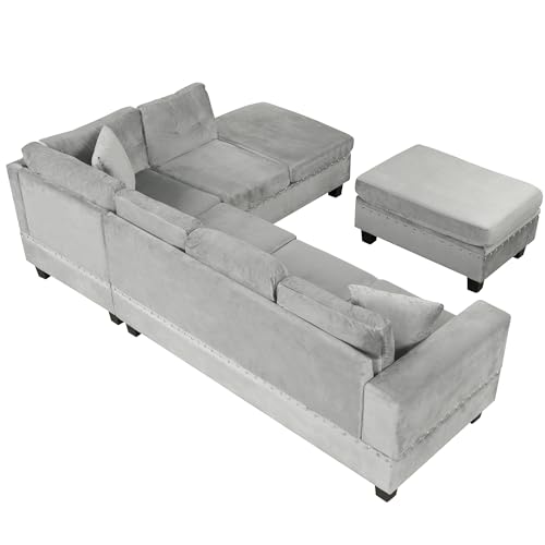 Merax Modern Sectional Sofa with Storage Ottoman, L Shaped Couch with 2 Pillows and 2 Cup Holders