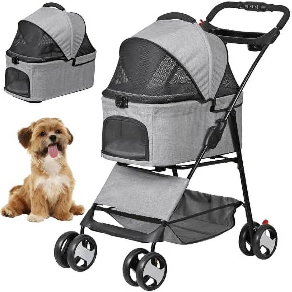 4 Wheels Foldable Pet Dog Cat Jogger Stroller Travel Carrier Strolling Cart w/Waterproof Cover Storage Basket Cup Holder &amp