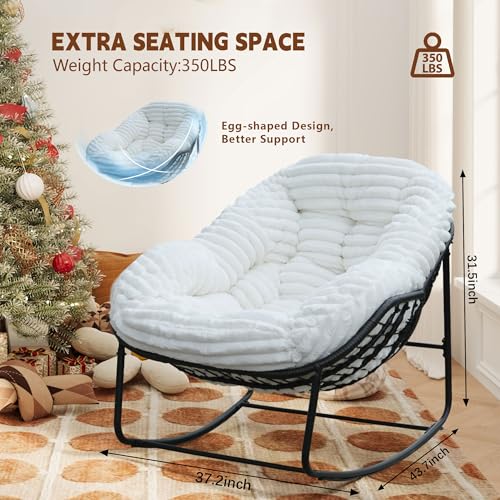 Outdoor Indoor Rocking Chair, Patio Wicker Egg Chair, Indoor & Outdoor Comfy Oversized Papasan Chair with Padded Cushion