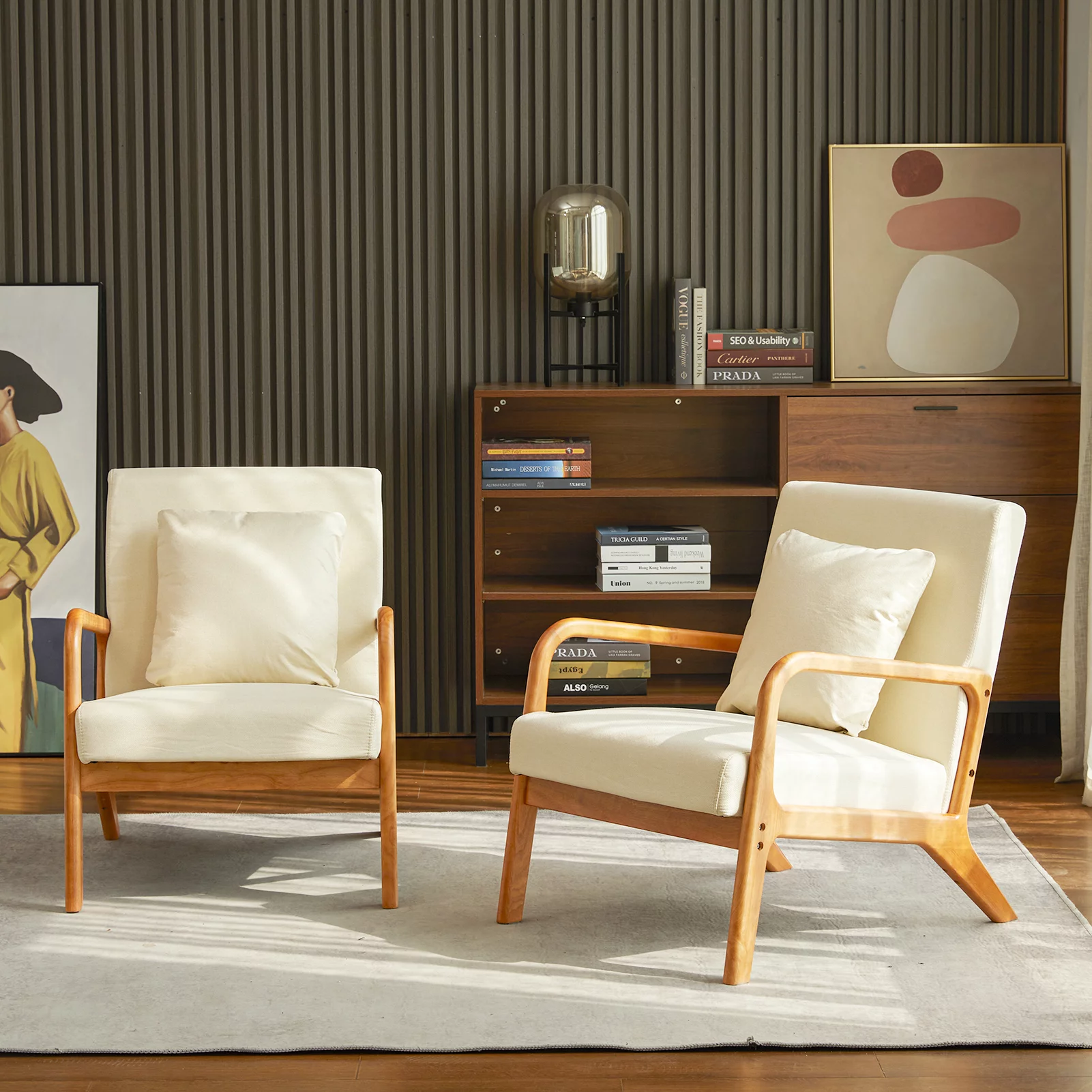 Modern Mid Century Accent Chairs,Living Room Chair Set of 2,Fabric Read Armchair Set for Bedroom,Beige