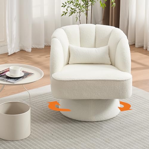 GarveeHome Modern Swivel Barrel Accent Chair, 360° Teddy Fabric Upholstered Armchair with Striped Backrest & Plush Padding