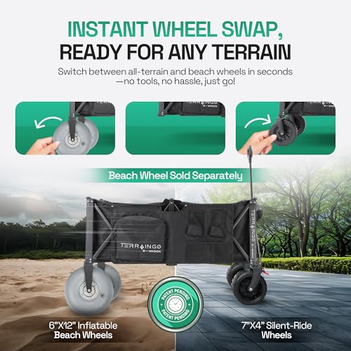TerrainGO Beach Wagon Wheels for Sand | Quick-Change Interchangeable Patent Pending | Air-Filled Beach Cart Tires (12" Wheels for Large Wagon Only)