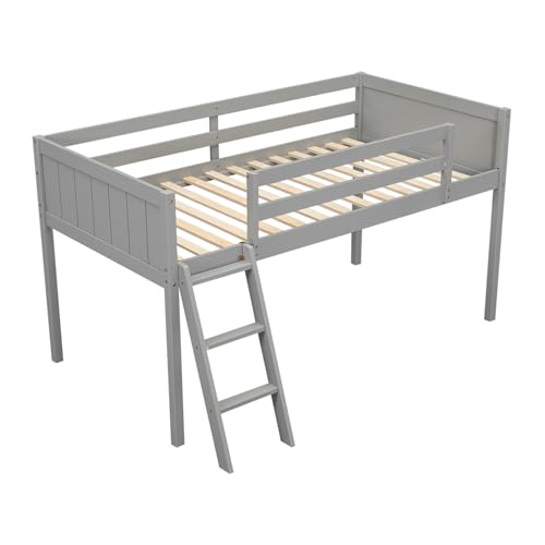 Full Size Loft Bed with L-Shaped Desk, Wardrobe and Storage Shelves, Solid Wood Bedframe w/Safety Guardrails & Ladder for Kids Teens Adults