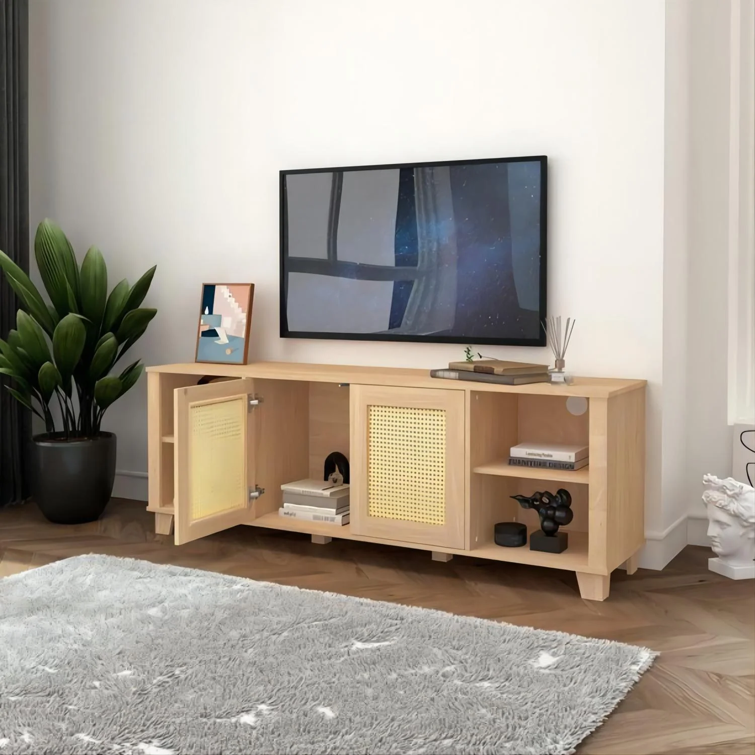 MAICOSY Boho Chic 64.4 inch Rattan TV Stand for 65/70 inch TV Storage Console - Natural Oak