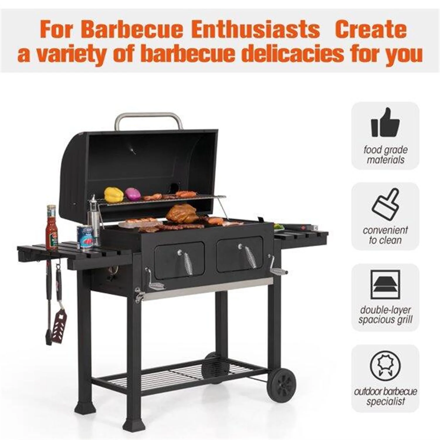 MF Studio 34'' Charcoal Grill Extra Large Portable BBQ  Grill, Black