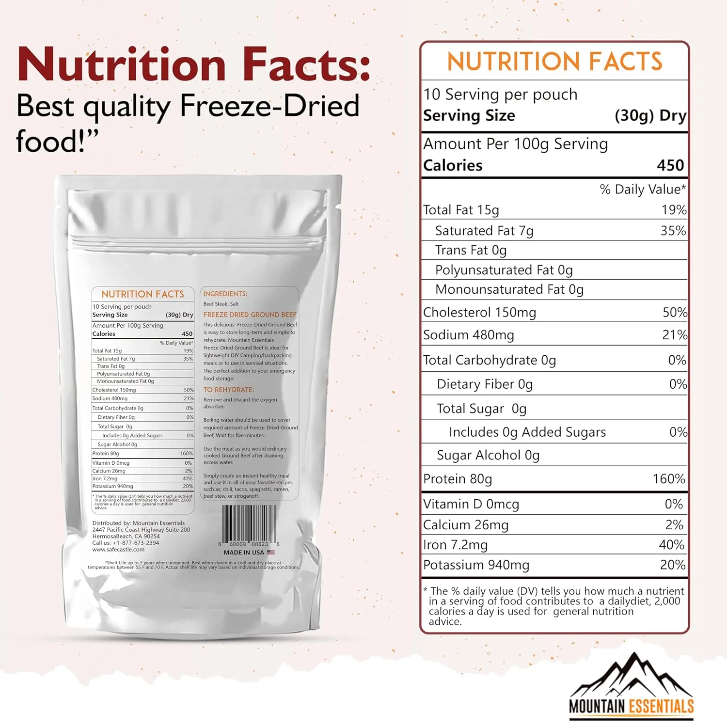 (Pack of 12) MOUNTAIN ESSENTIALS Freeze Dried Ground Beef Fully Cooked | Ready to Eat | No Water Added | No Preservatives | Survival & Emergency Food