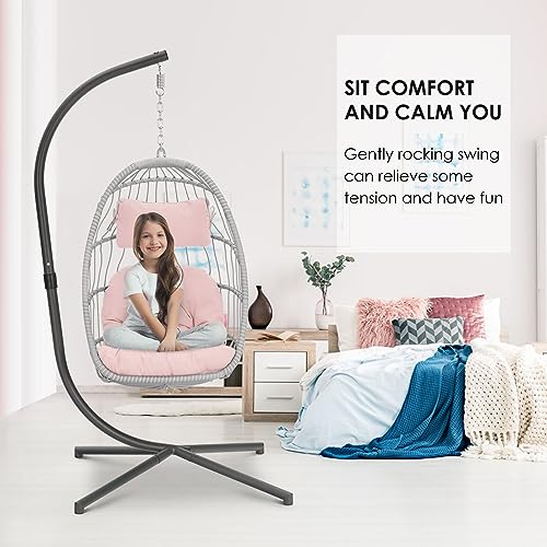Brafab Hanging Egg Chair with Stand and Footrest, Wicker Egg Swing Chair Indoor Outdoor Aluminum-Steel Frame and UV Resistant Cushion