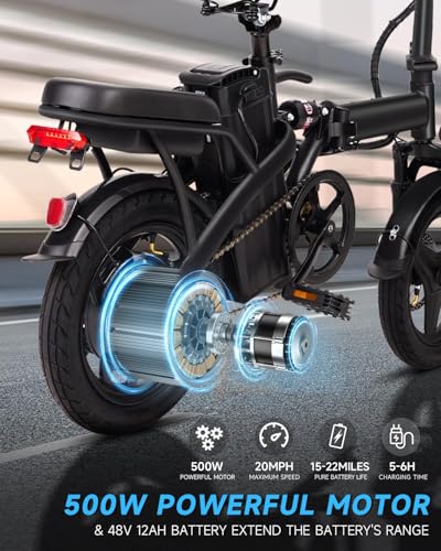 Electric Bike for Adults, Ebike, Electric Bicycle with 576WH Removable Battery,14"/20" Folding Ebike, 20MPH,20+ Miles(MAX),500W High Motor
