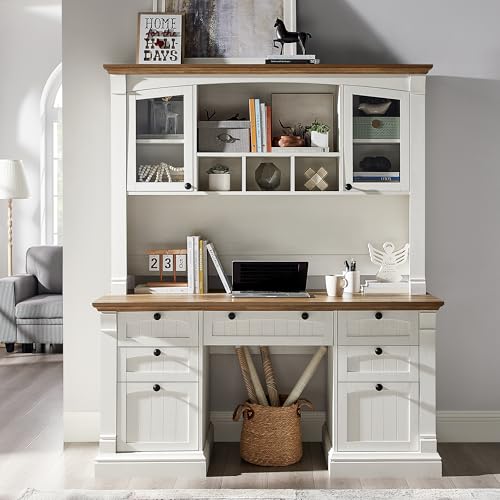 OKD 60" Executive Desk with Drawers, Farmhouse Home Office Desk with Charging Station, Keyboard Tray, File Cabinet Storage