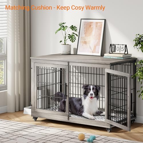 Lulive Dog Crate Furniture for Medium Dogs, 32'' Dog Kennel Indoor with Cushion & Wheels Wooden Dog Cage Double Doors Dog Crate End Table, Grey