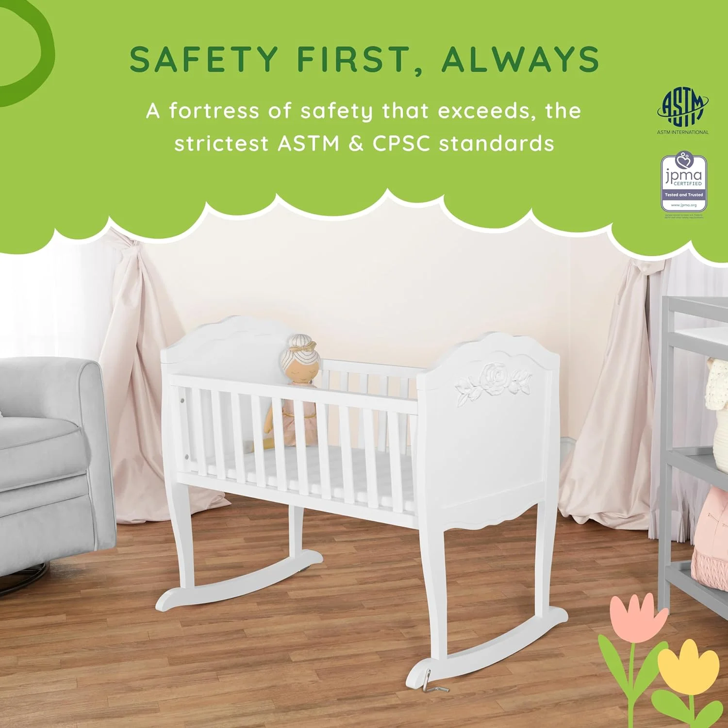 Rose Cradle in White, with 1" Mattress Pad, Easy to Assemble, JPMA Certified, New Zealand Pinewood Cradle, Stationary and Rocking Cradle