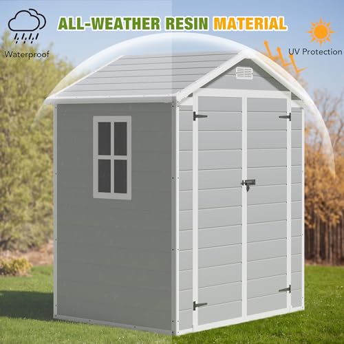Greesum 5' x 4' Resin Weather Resistant Outdoor Storage Shed with Floor for Garden,Backyard,Pool Tool, Light Grey
