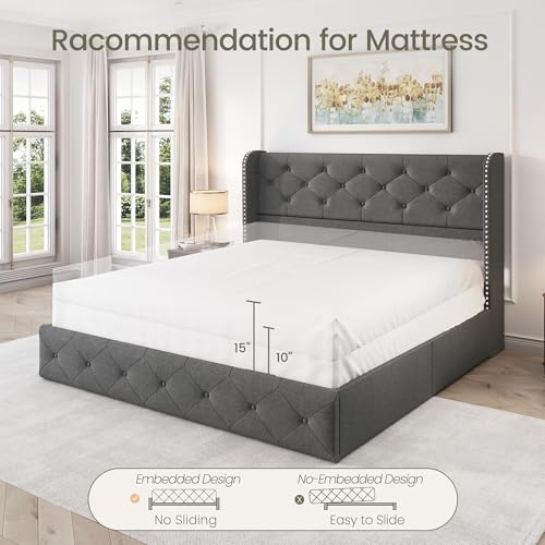 King Size Bed Frame with 4 Storage Drawers and Tufted Headboard Linen Upholstered Platform Bed Frame Wingback Beds with Wooden Slats Support
