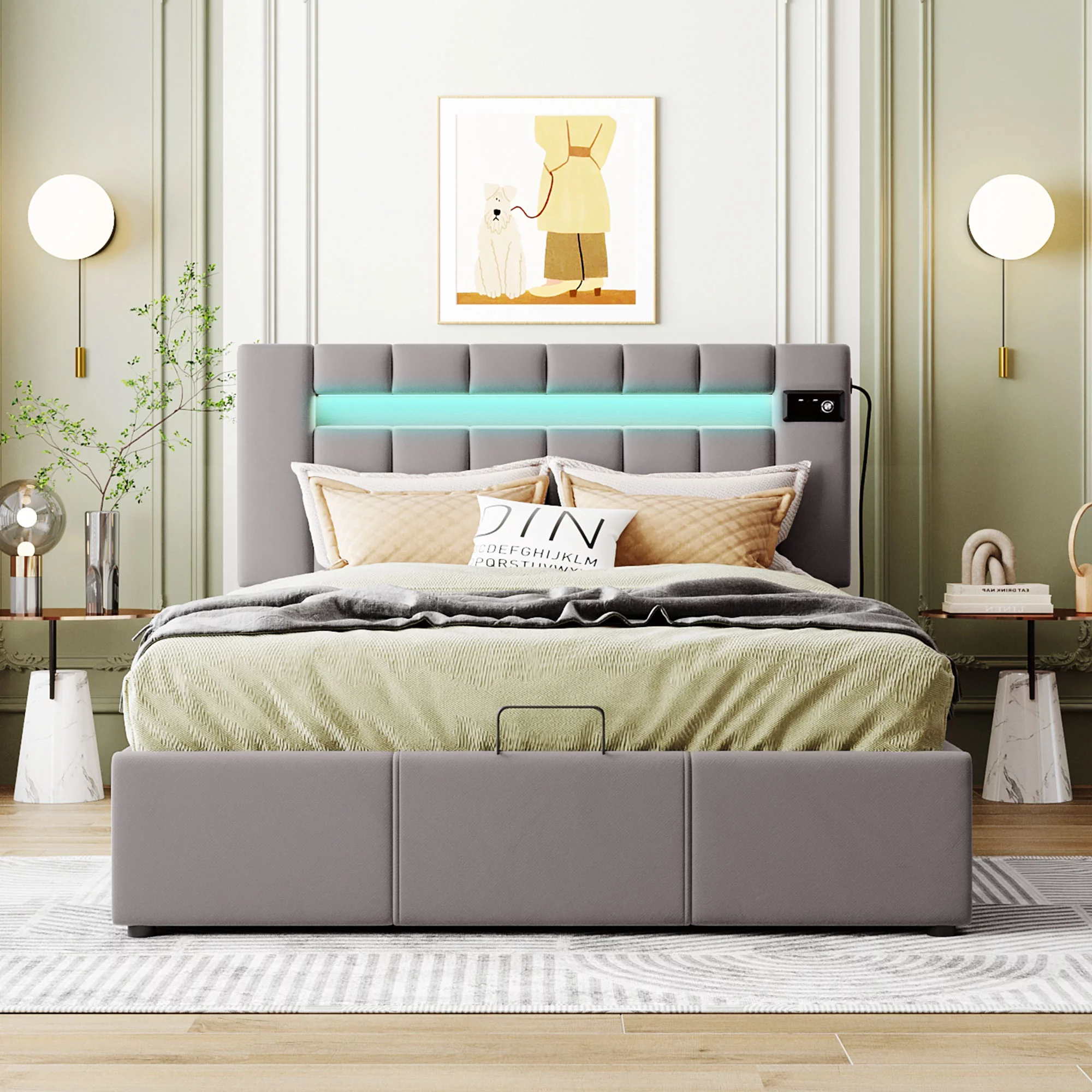 Bellemave Full Size Bed Frame with Storage and LED Light, Lift Up Upholstered Platform Bed with Bluetooth Player and USB Charging