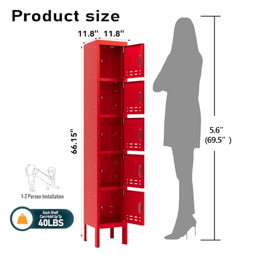 Metal Locker with 5 Doors,Lockers for Employees,66'' Steel Storage Locker for School,Gym, Office, Office,Garage