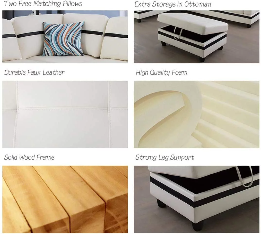 Ainehome Furniture White Faux Leather Sectional Sofa Set, L-Shaped Couches for Living Room