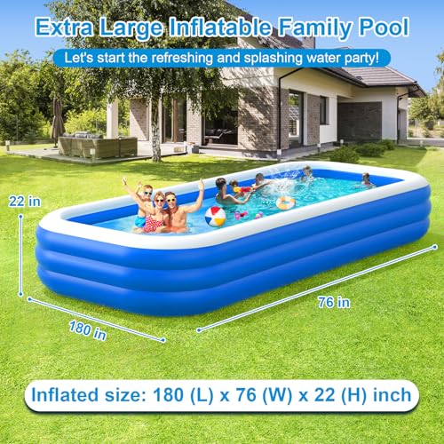 Extra Large Inflatable Pool for Family, 180'' x 76'' x 22'' Full-Sized Blow Up Pool for Adults
