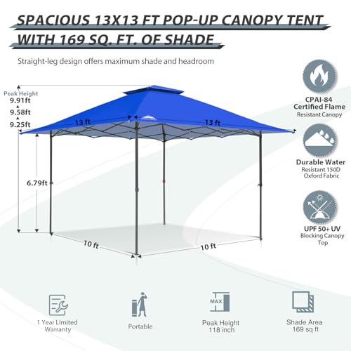EAGLE PEAK 13x13 Straight Leg Pop Up Canopy Tent Instant Outdoor Canopy Easy Single Person Set up Folding Shelter w/Auto Extending Eaves 169 Square