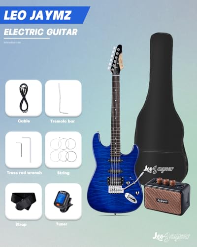 Leo Jaymz 39" Full Size ST Style Electric Guitar Starter Kit with SSH Pickup, 5W Portable Amp, Tuner, Gig Bag, Strap & Accessories (Violet Ocean)