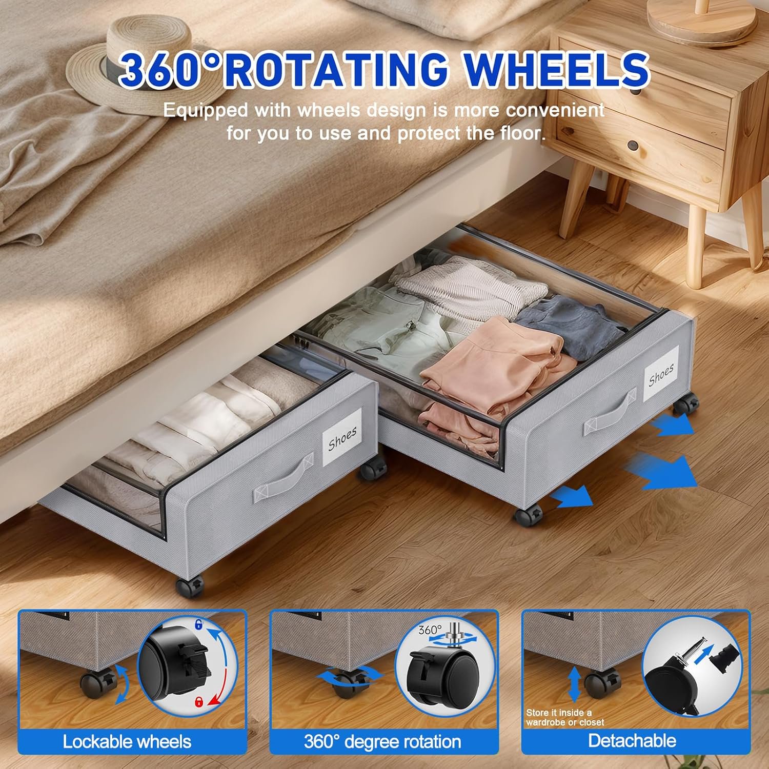 Under Bed Storage with Wheels, 4-Pack Under Bed Storage Containers with Clear Lids, XXL 60L Under the bed storage Organizer Bins