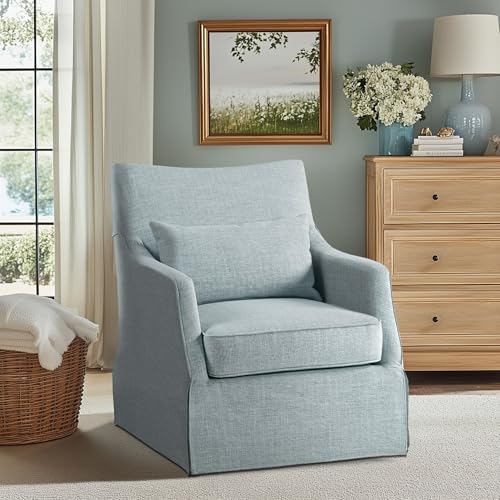 Martha Stewart London Swivel Chair - Solid Wood & Plywood, Skirted Metal Base Accent Armchair