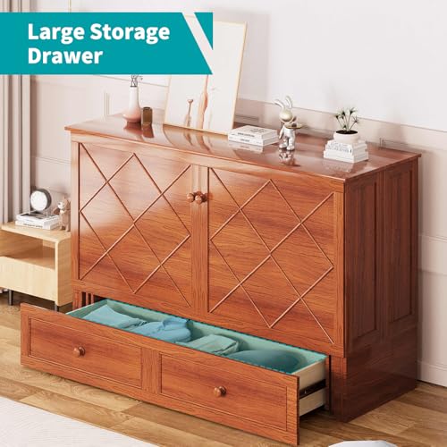 BALUS Murphy Bed Cabinet, 63" W Queen Cabinet Cube Chest Bed with Tri-fold Mattress, Charging Station