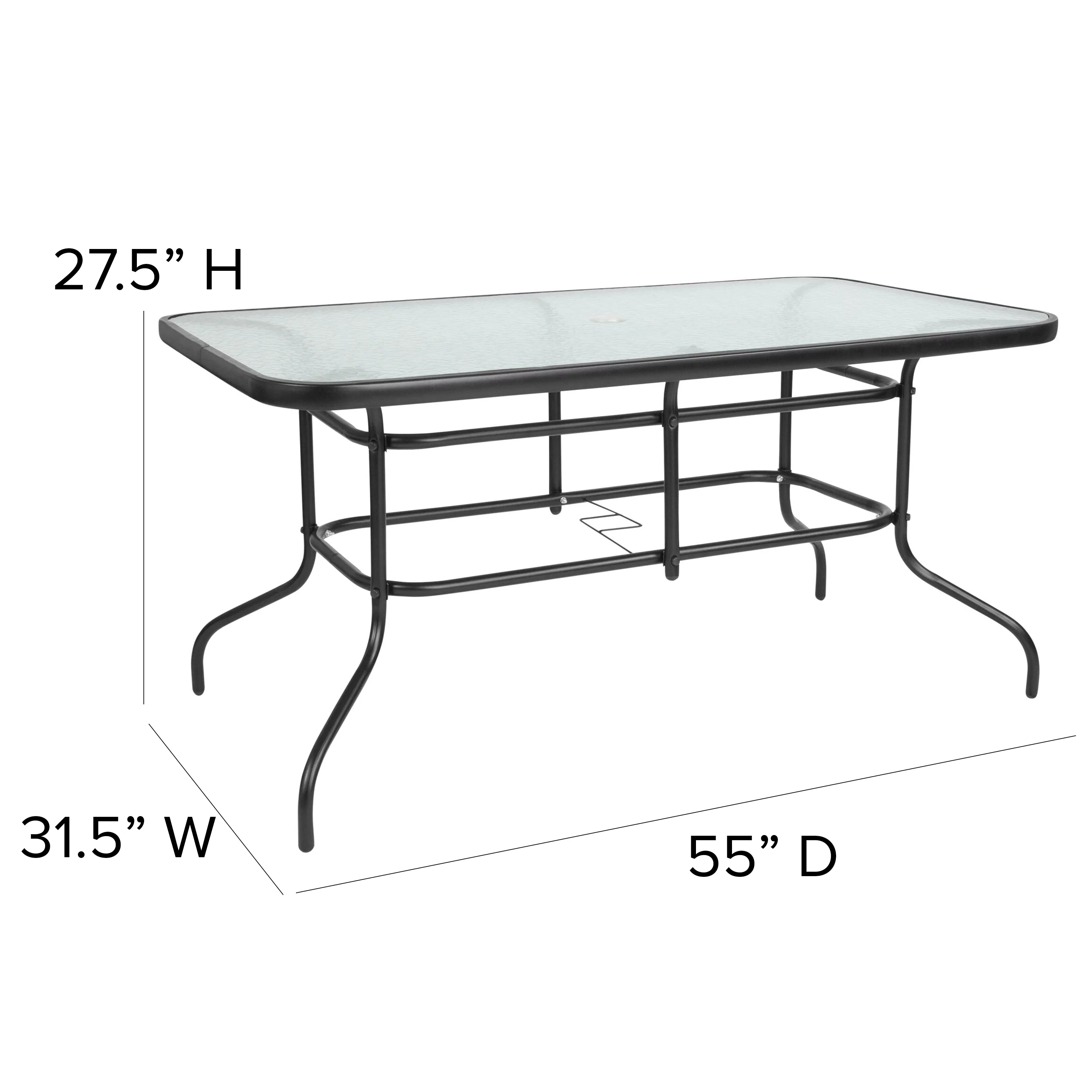 BizChair 7 Piece Outdoor Patio Dining Set - 55" Tempered Glass Patio Table with Umbrella Hole, 6 Brown Flex Comfort Stack Chairs