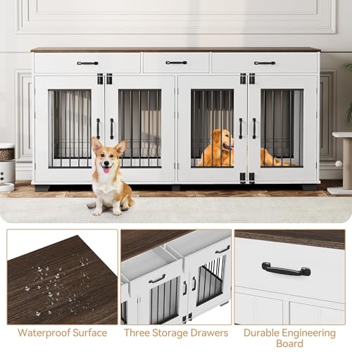 Dog Crate Furniture for 2 Dogs, 71'' XXL Indoor Dog Kennel with 3 Drawers and Removable Room Divider